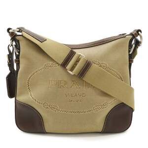 PRADA Jacquard Shoulder Bag in Canvas and Leather, Khaki Beige Dark Brown, BT...